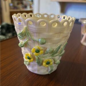 Belleek small floral vase.   Yellow flowers basketweave